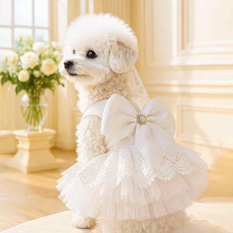 Other - ペットウェア 猫 犬用 お姫様 プリンセス ウェディングドレス チュールスカート フリル 白系 衣装 結婚式 パーティー 記念日 イベント お出かけ フォーマル かわいい
