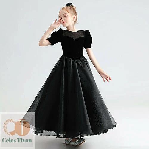 Kids' Dress, V-neck Long Dress, Black Dress, One-piece Dress, Girls' Dress, Kids' Dress, Piano Recital, Concert, Wedding, Shichi-Go-San, Birthday, Party, Formal, Cute, Junior, Girls, Stylish, 110-160cm, Ages 5, 6, 7, 8, 9, 10