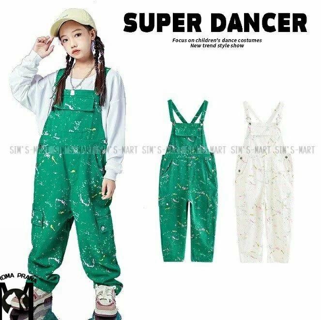 オーバーオール キッズダンス衣装 ヒップホップ ファッション ダンス衣装 キッズ 派手 つなぎ K-POP 韓国 サロペット 緑 白 ペイント柄 ペンキ加工