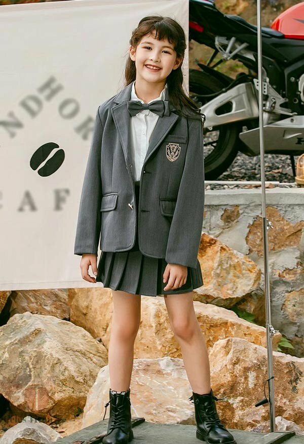 入学式 卒業式 制服 ジャケット 女の子 スーツ セット 小学生 中学生 高校生 JK ジュニア 中学 受験 大きいサイズ ゆったりサイズ 韓国風 リボン 卒服 入園祝い ギフト 卒園式 七五三 お受験 発表会 グレー 120 130 140 150 160 170 - 2
