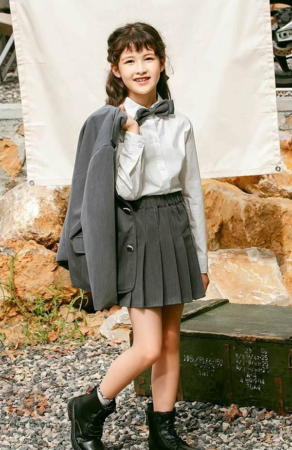 入学式 卒業式 制服 ジャケット 女の子 スーツ セット 小学生 中学生 高校生 JK ジュニア 中学 受験 大きいサイズ ゆったりサイズ 韓国風 リボン 卒服 入園祝い ギフト 卒園式 七五三 お受験 発表会 グレー 120 130 140 150 160 170 - 3