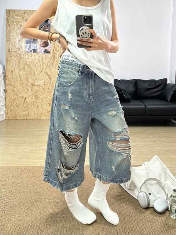 デニム ショートパンツ レディース 夏用 薄手 ゆったり レトロ ダメージ カジュアル 7分丈 ストレート スリム 効果 普段使い 軽量 通気性 コットン 混紡