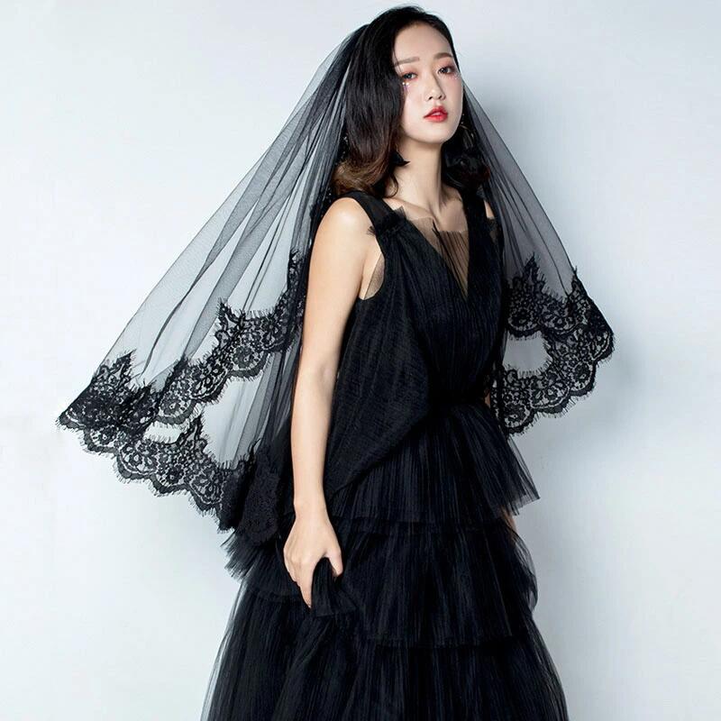 ブラックベール 結婚式 ブラック セミロング 舞台 ウェディングベール 妖精の物語 コスプレ 魔女系 ゴシック セクシー 可愛くて