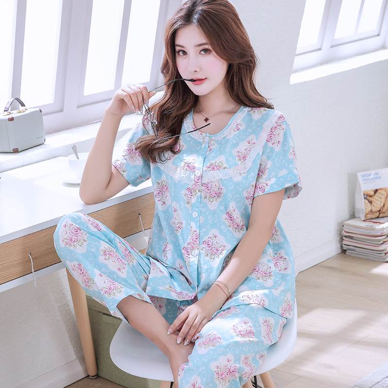 Room Wear - レディース パジャマ ルームウェア 上下 セット ツーピース 2点 トップス ボトムス シャツ ズボン 襟 クルーネック フリル レース 半袖 ボタン ポケット ウエストゴム チェック柄 大人可愛い 韓国 オルチャン 個性的 デザイン おしゃれ