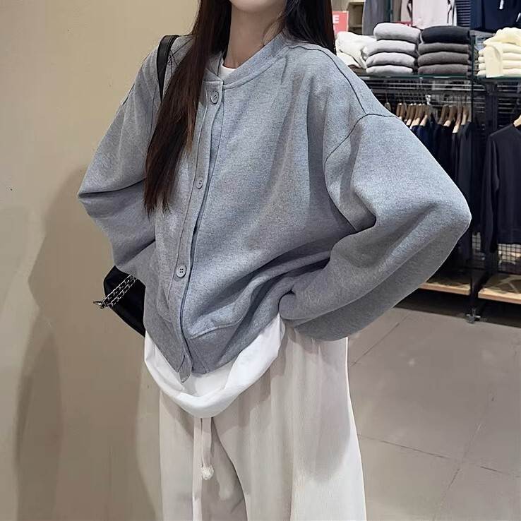 Grace Selectのレディース トップス カーディガン スウェット 上着 前開き 長袖 ドロップショルダー ストレート Iライン 伸縮性 かわいい 大人可愛い シンプル カジュアル おしゃれ こなれ感 ラフ マニッシュ ガーリー モダン 個性的 トップス とろみ感 抜け感 韓国 オルチャン｜アングル2