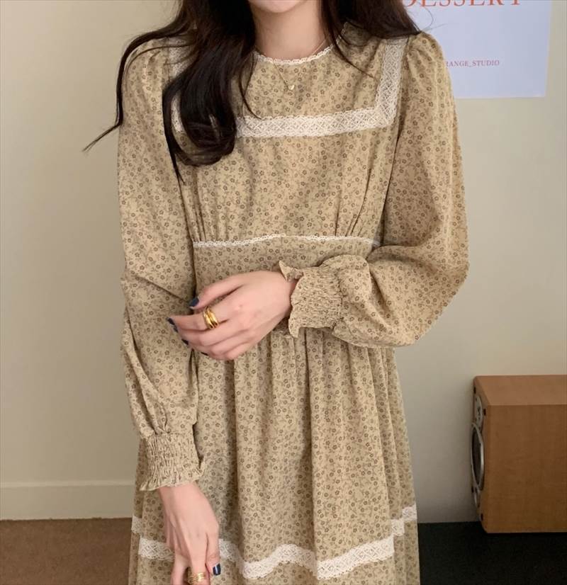 Rakuten - レディース ワンピース ミモレ丈 袖あり 長袖 パフスリーブ ラウンドネック 襟なし Aライン レース ウエストマーク ハイウエスト 薄手 かわいい 大人可愛い きれいめ シンプル カジュアル 大人 ワンピース 上品 おしゃれ 大人可愛い 大人女子 こなれ感 個性的 韓国