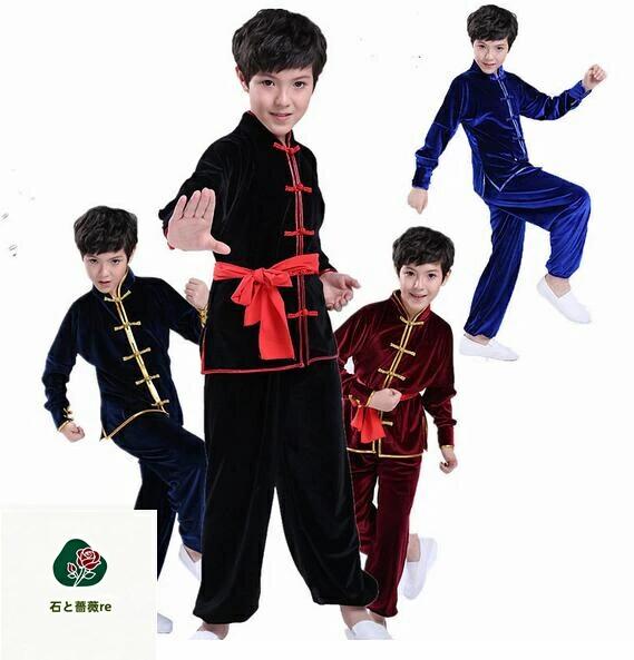 子供中国武術演出服　厚手長袖　キッズ武術服上下2点セット　4色　秋冬　舞台衣装/団体服/朝練/試合選択太極拳/武術 カンフー キッズ　男の子女の子気功　コスプレ衣装