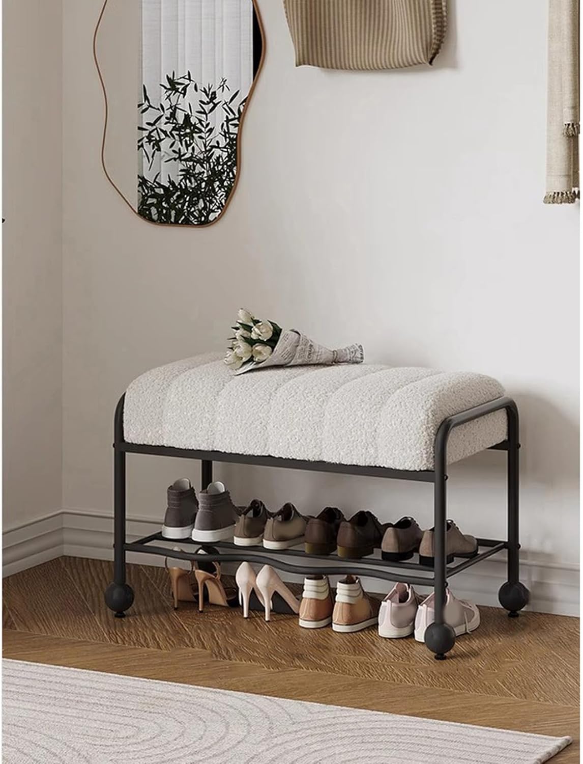 Slippers Racks - シューズラックベンチ カシミアクッション付き 60*32*40 安定したカーボンスチールフレーム モダンでシンプルなシューズオーガナイザー 玄関収納ベンチ 靴箱 スリム 室内 靴棚 クッション付き タ