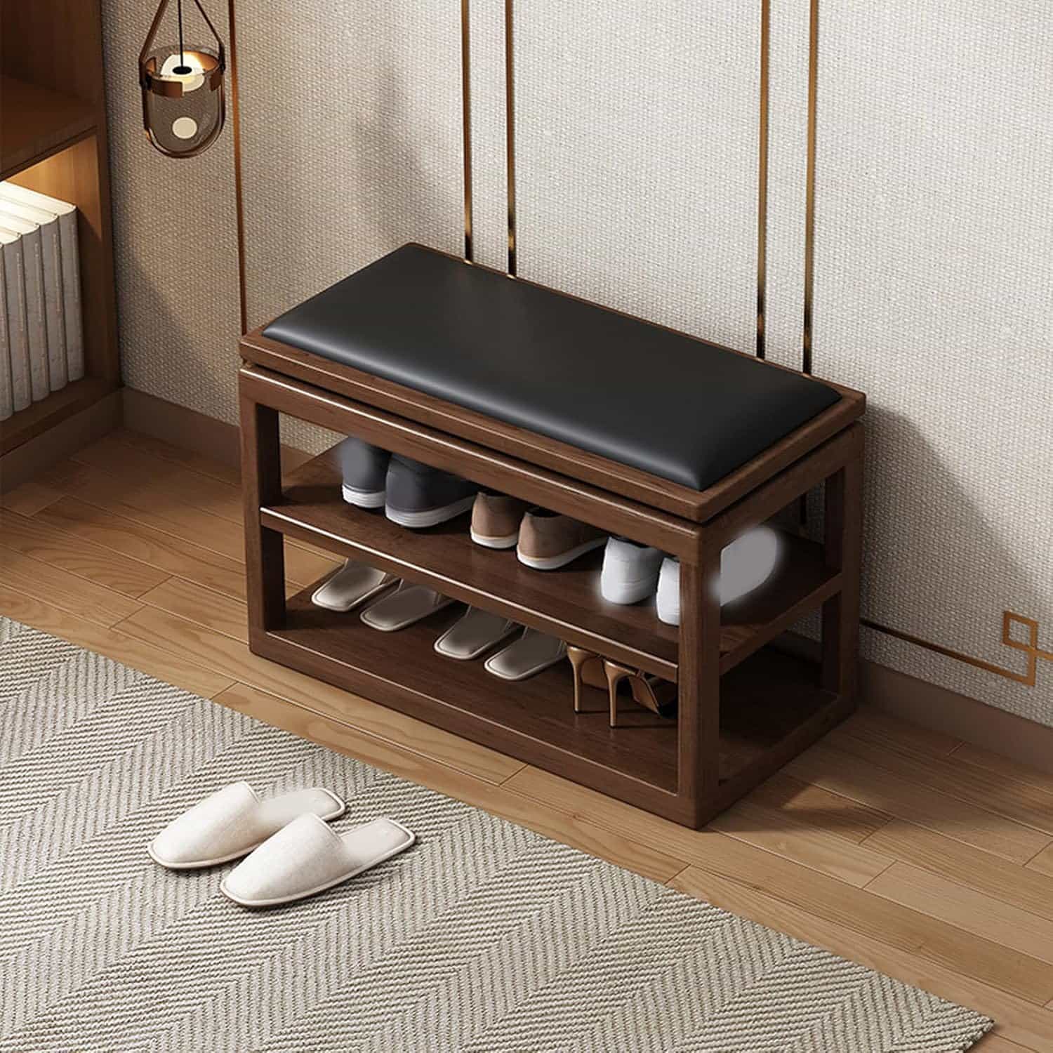 Slippers Racks - 玄関ベンチ シューズラック 2段 木製 収納ベンチ 下駄箱 小物収納付き クッション付き 靴箱 収納 玄関腰掛け 60*35*45 スリム 省スペース コンパクト 組み立て簡単 玄関 下駄箱ベンチ 耐