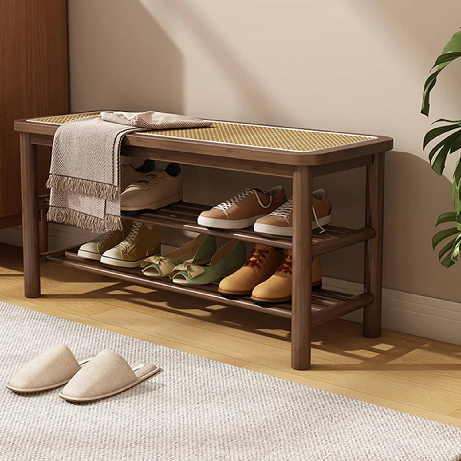 Slippers Racks - シューズラック スリム 2段 玄関ベンチ 玄関シート 靴履き替えスツール 下駄箱 大容量 タイプ2 空間を活用 靴箱 天然竹製 通気性 靴棚 玄関 靴 収納 座面付きシューズラック 玄関下駄箱 木製靴