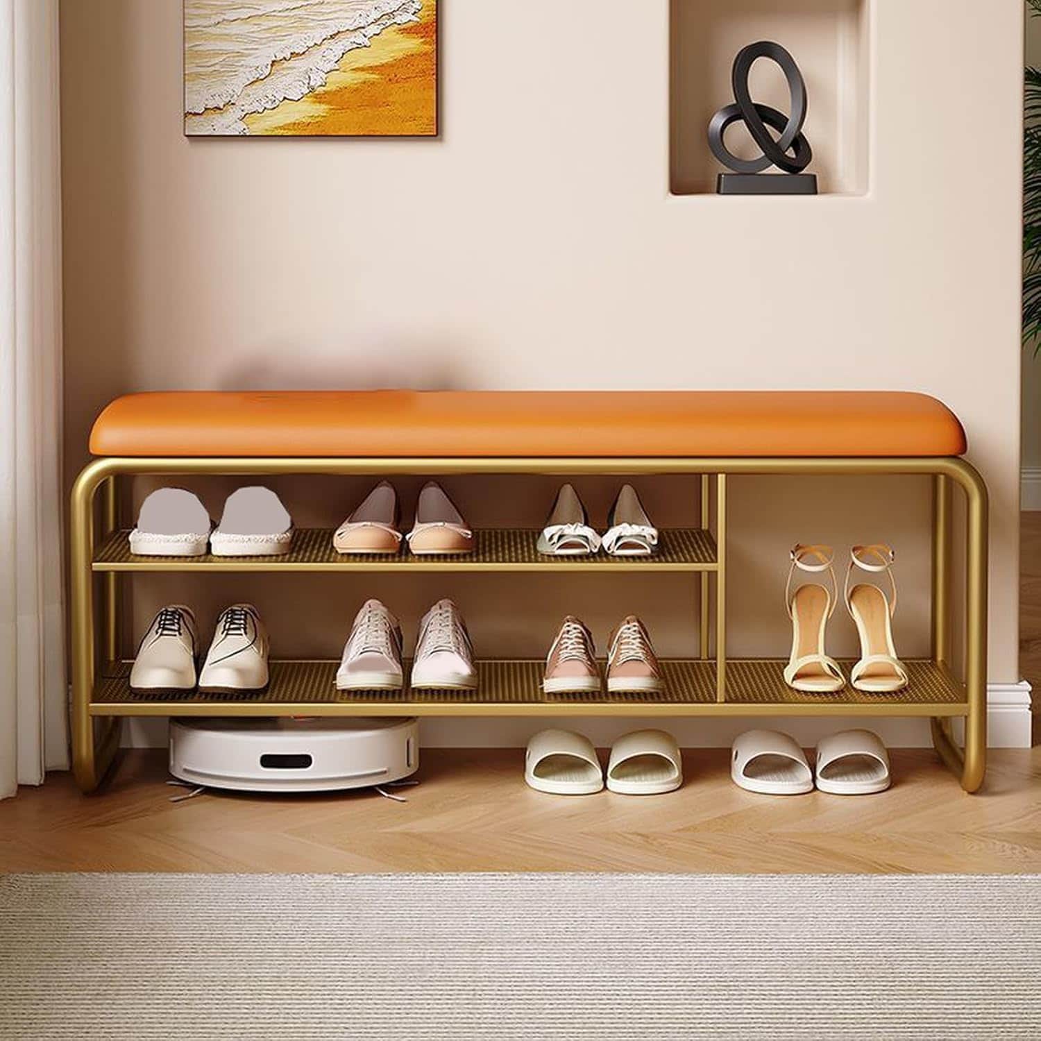 Slippers Racks - 玄関ベンチ シューズラック ブラウン 2段 収納ベンチ 省スペース タイプ7 靴収納 高反発スポンジクッション 座り心地良い 玄関椅子座面クッション 座れる 靴入れ 椅子 腰掛け ダイニングチェア ス