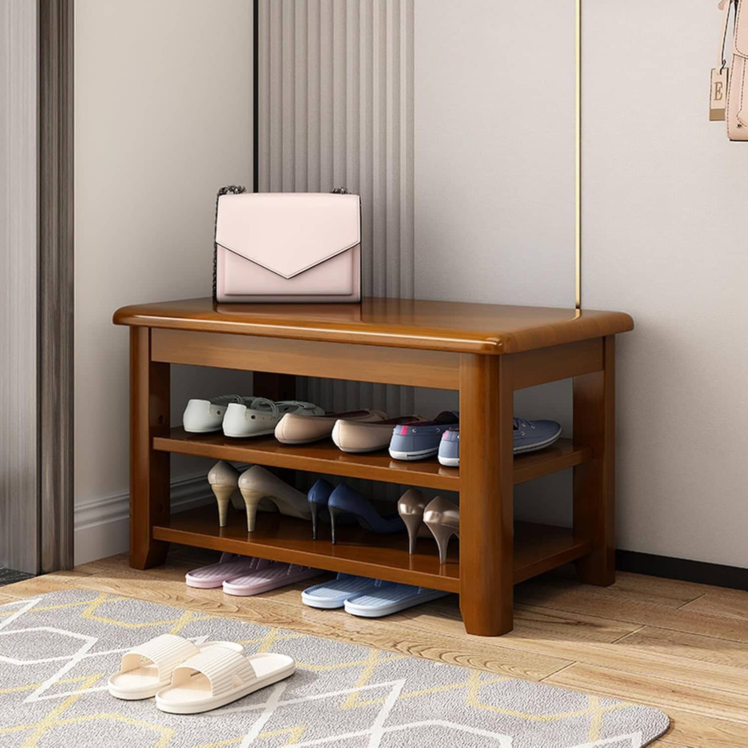 Slippers Racks - 玄関ベンチ 木製 60*30*43 無垢材 北欧 幅60cm 天然木 シューズラック 収納ベンチ 玄関椅子 玄関スツール シューズボックス 靴収納 雑貨 家具 2段式靴収納 通気性 小物収納 シューズ