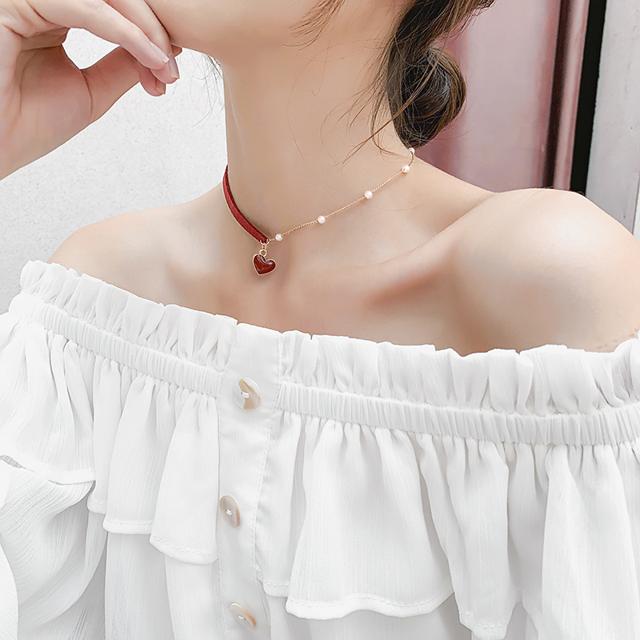 Other - 石 赤 パール おしゃれ ハート アシンメトリー ペンダント ゴールド きれいめ 真珠 レディース 大人可愛い チョーカー 大人 デイ