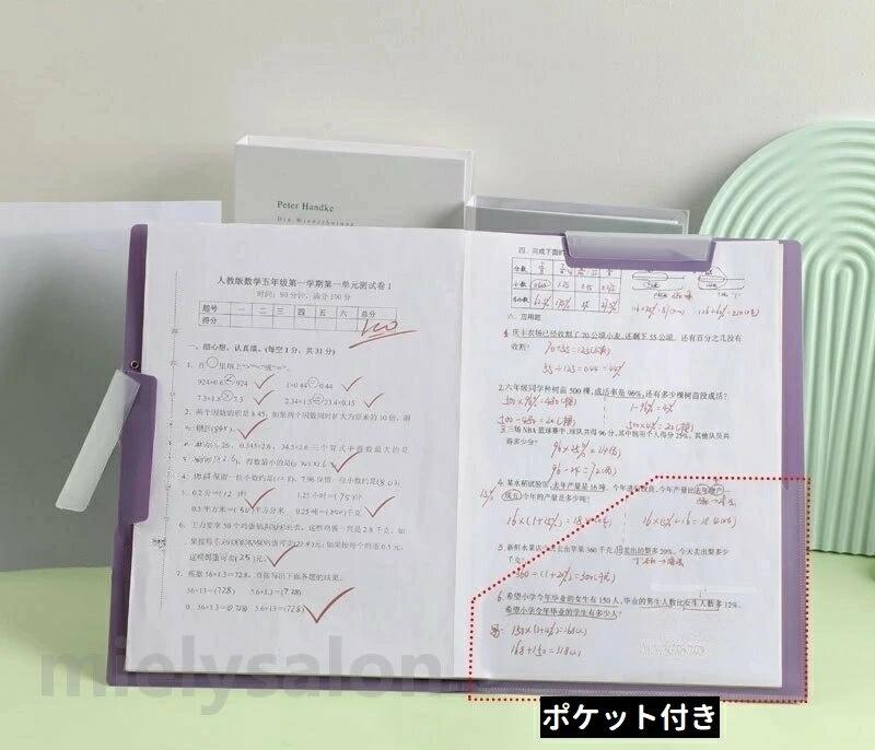 Grace Selectのオフィス ビジネス 学校 整理 保管 収納 書類 資料 プリント 用紙 防水 シンプル ポケット付き A3 クリップファイル 5色入り 5色セット クリップボード｜アングル2