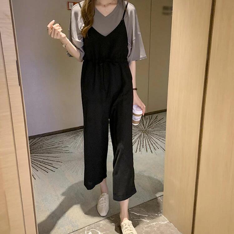 Grace Selectの2点セット 半袖 Tシャツ サロペット レディース サロペットパンツ オールインワン セットアップ ワイドパンツ 上下セット ジャンプスーツ 夏 韓国風 おしゃれ 可愛い ゆったり 大きいサイズ 体型カバー カジュアル キレイめ 学生 通学 通勤｜アングル2
