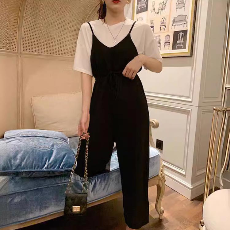 Grace Selectの2点セット 半袖 Tシャツ サロペット レディース サロペットパンツ オールインワン セットアップ ワイドパンツ 上下セット ジャンプスーツ 夏 韓国風 おしゃれ 可愛い ゆったり 大きいサイズ 体型カバー カジュアル キレイめ 学生 通学 通勤｜アングル3