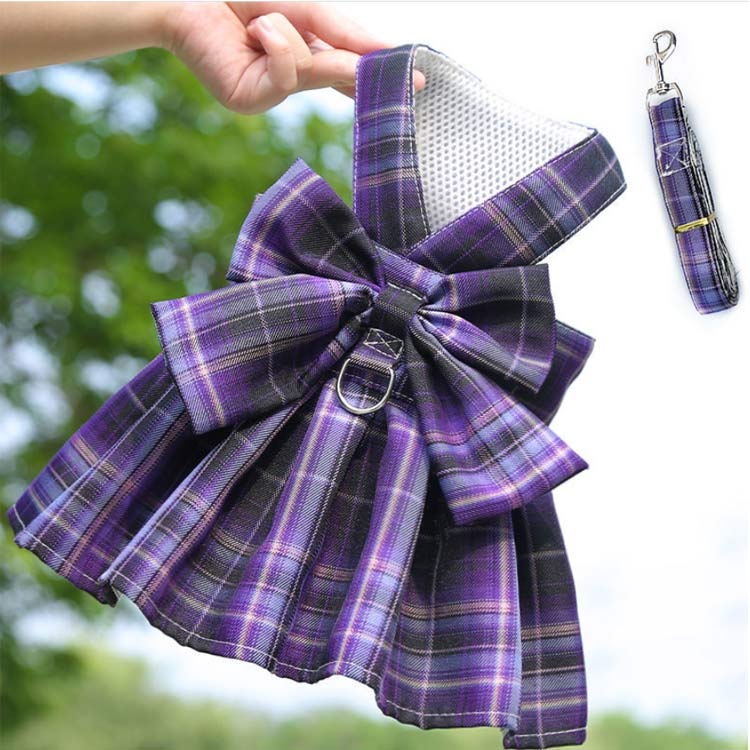 Grace Selectの選べる2タイプ ペット ハーネス 胴輪 猫用 犬用 ペットリード JK チェック柄 ワンピース ドレス ボタン式 メッシュ 通気 リボン付き ペット用品 牽引ロープ 小型犬 中型犬 散歩 お出かけ用 コスチューム かわいい｜アングル2