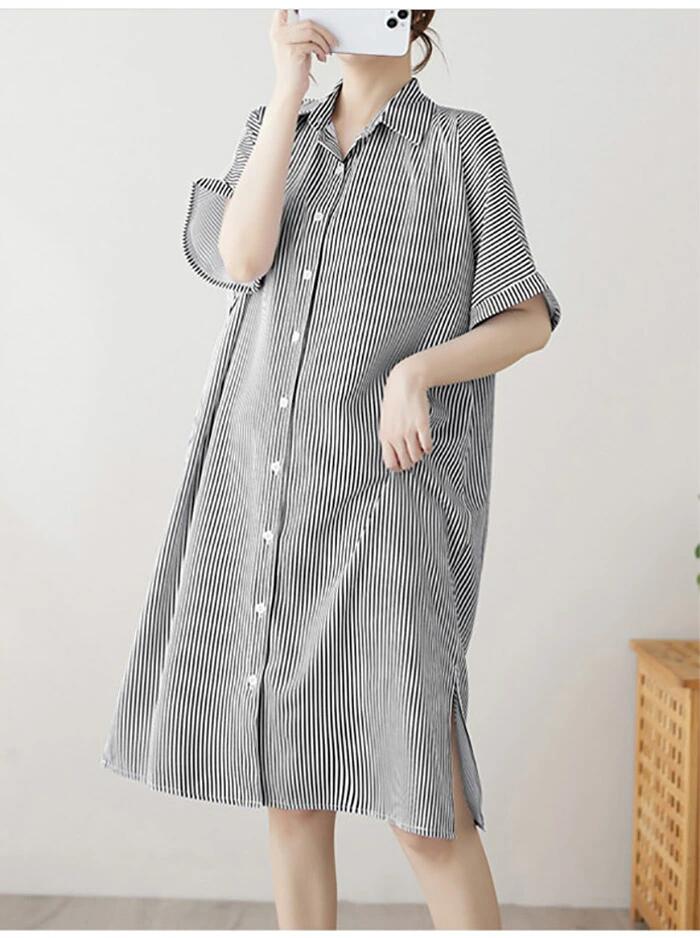 Grace Selectのシャツワンピース レディース 夏 ストライプ ロングワンピース ワンピース ロングワンピ ワンピ 半袖 Aライン スタンダードカラー シャツワンピ ミモレ丈 大きいサイズ ゆったり 体型カバー 着痩せ 大人可愛い 柔らか 着痩せ｜アングル2