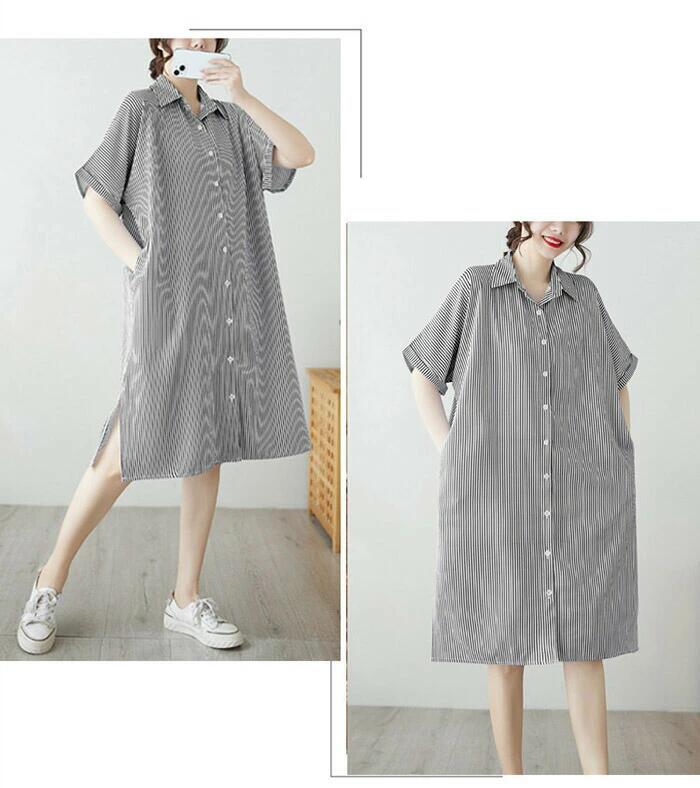 Grace Selectのシャツワンピース レディース 夏 ストライプ ロングワンピース ワンピース ロングワンピ ワンピ 半袖 Aライン スタンダードカラー シャツワンピ ミモレ丈 大きいサイズ ゆったり 体型カバー 着痩せ 大人可愛い 柔らか 着痩せ｜アングル3