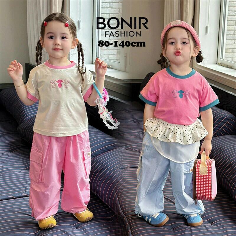 子供服 女の子 セットアップ 夏 半袖 Tシャツ プリント イラスト ワイドパンツ カーゴパンツ ワークパンツ ロング 上下 2点セット ピンク おしゃれ かわいい 韓国ファッション インスタ映え 撮影 キッズ ジュニア 部屋着 ゆるカワ 柔らかい 80~140cm