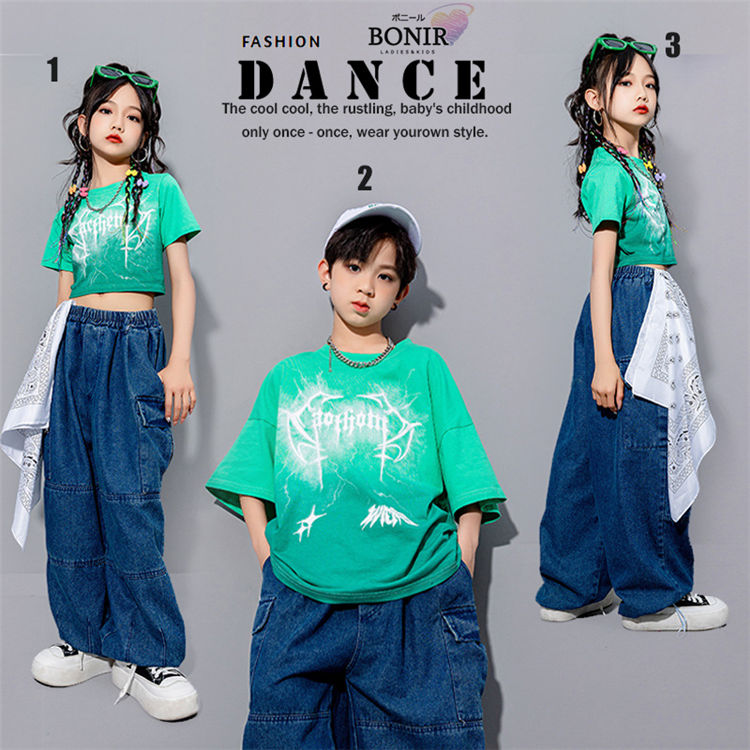 ダンス衣装 キッズ セットアップ Tシャツ デニムパンツ 半袖 ロングパンツ 子供服 ...