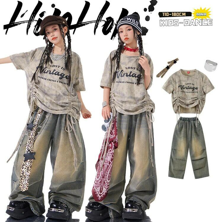 女の子 キッズ ダンス 衣装 ヒップホップ ガールズ タイダイ 半袖 Tシャツ ドロスト絞り グラデーション ワイドデニムパンツ ペイズリー柄 腰巻きストリート 発表会 イベント 練習着 ステージ衣装 チーム おしゃれ かっこいい ダンスウェア 子供服 110-180cm
