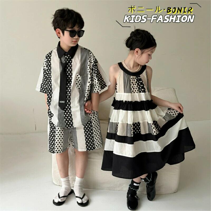 キッズ セットアップ 夏 ドット柄 兄妹 お揃い リンクコーデ 男の子 女の子 ストラ...