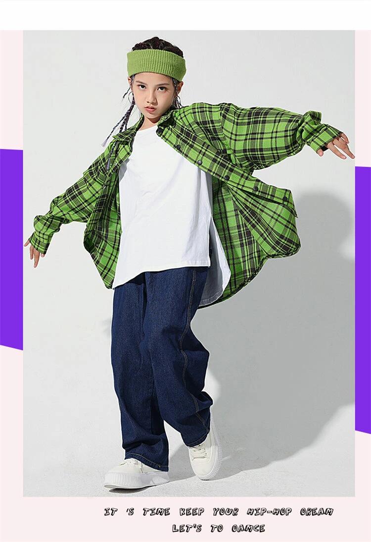Rakuten - キッズ チェック柄 ダンス衣装 ヒップホップ セットアップ パンツ チェックシャツ 緑 デニムパンツ ロングパンツ ストリート hiphop 女の子 男の子 jazz ジャッズ ダンスウェア ジュニア 発表会 110-170cm