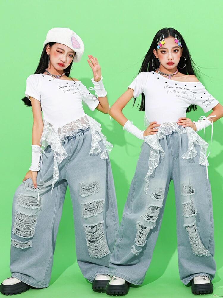 兒童套裝 - キッズ ダメージ デニム ダンス衣装 女の子 シャツ レース ダンスウェア 肩出し ホワイト へそ出し デニムパンツ パンツ ガールズ 長ズボン 発表会 応援団 イベント ジュニア カッコイイ 普段着 jazz K-POP オシャレ DANCE 110~170