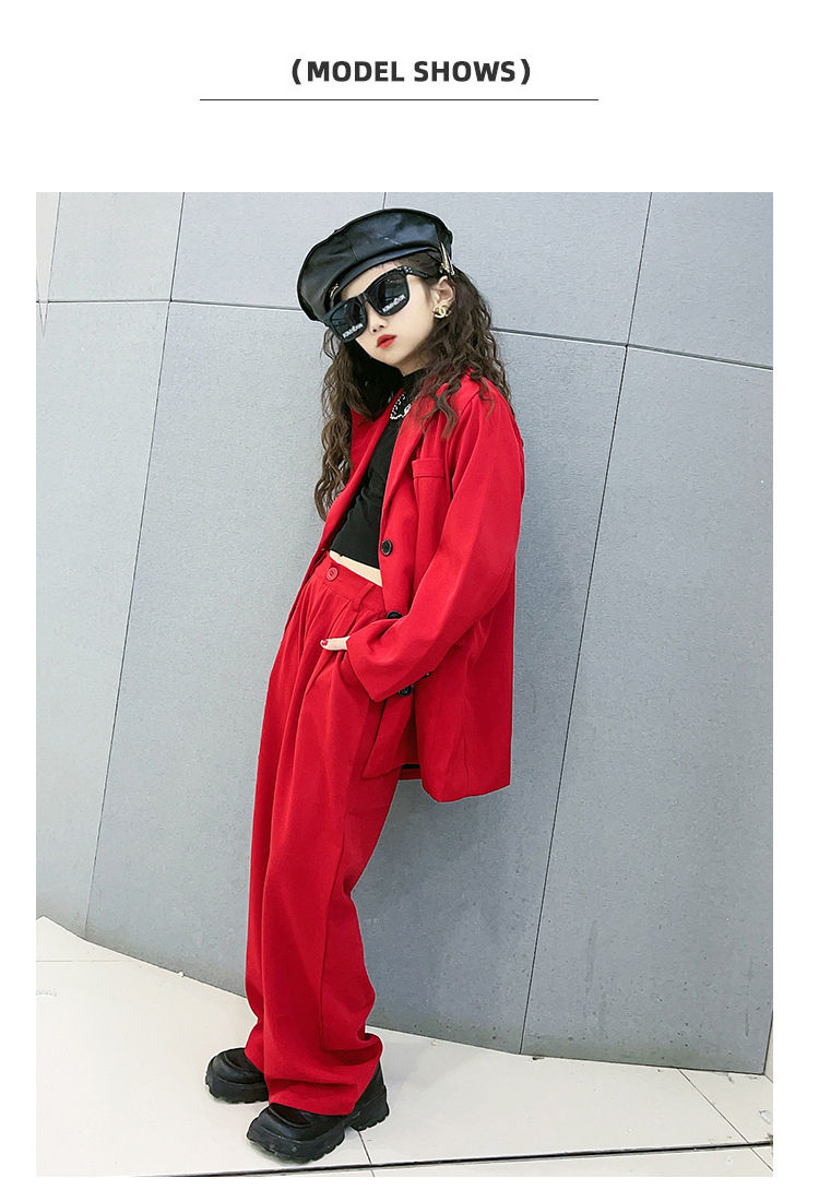 ヒップホップ レッド ダンス衣装 スーツ ガールズ ジャズ キッズ ダンス セットアップ キッズダンス衣装 ファッション ジャケット ロングパンツ K-POP HIPHOP 韓国 赤 黒 120-170