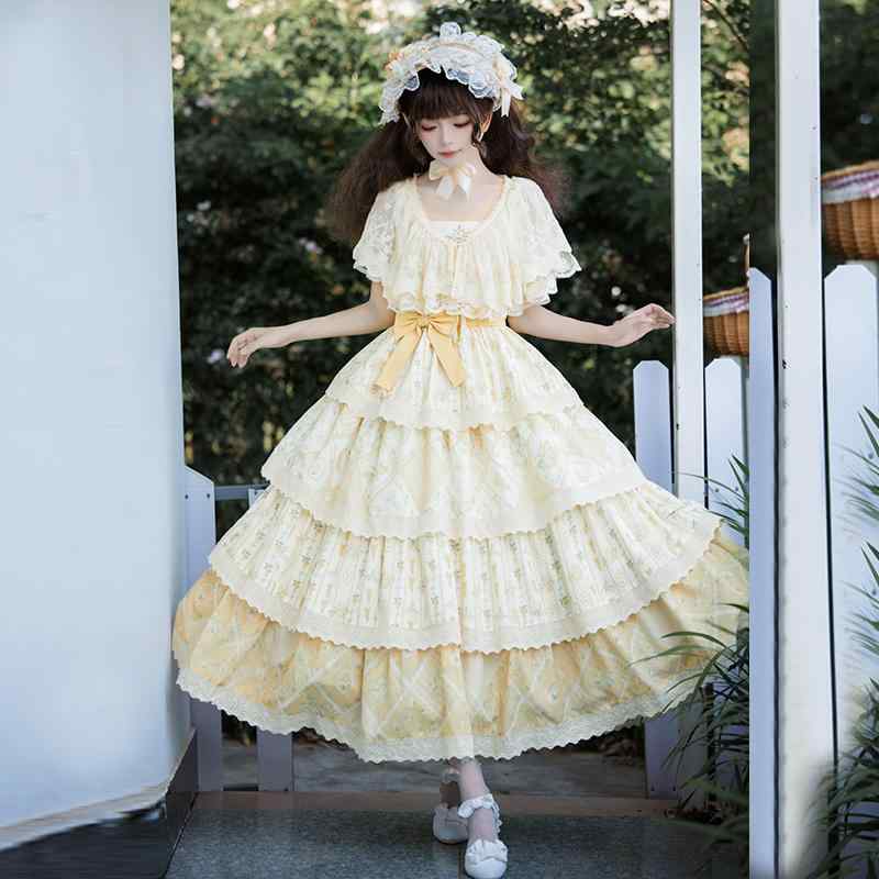 ロリータ ドレス ジャンプスカート 段々スカート ボリュームスカート レース シフォン チュール 甘くて 上品 お姫様 プリンセス プリティー リボン 黄 イエロー コンカフェ コスチューム コスプレ