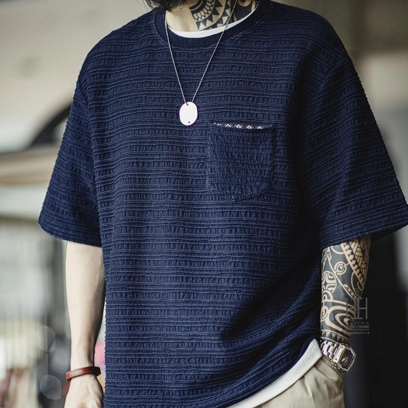 Rakuten - ジャカードTシャツ ヘビーウェイトtシャツ メンズ 半袖 8.8oz 綿100 おしゃれ 大きいサイズ ポケット付き 波紋 ジャガード織り オーバーサイズ ヴィンテージ