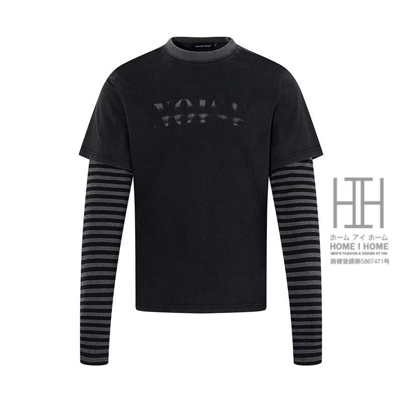 tシャツ メンズ 長袖 丸首 フェイクレイヤード 重ね着風 ロンt アメカジ ストリート ダーク系 黒 ビンテージ ウォッシュ加工 おしゃれ ..