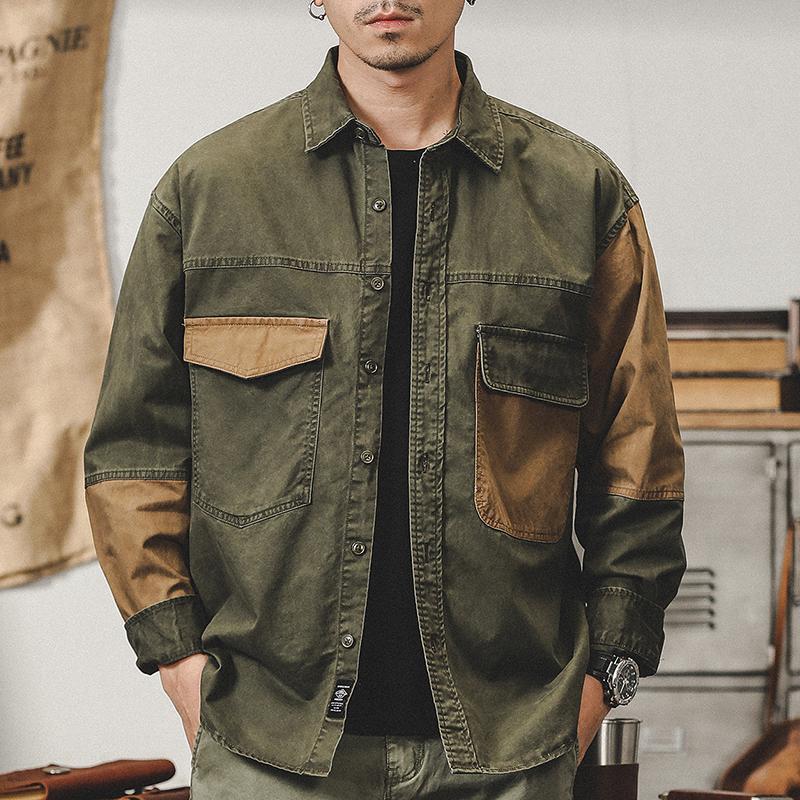 シャツジャケット カバーオール シャツ メンズ 長袖 ワーク 作業着 おしゃれ 切り替え 個性 Tシャツの上 ライトアウター 両ポケット メンズシャツ