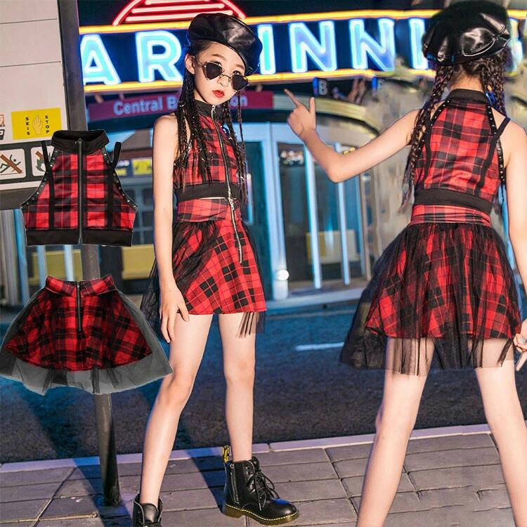 ガールズ ジャズ セットアップ チェック柄 ダンス衣装 ヒップホップ 女の子 レッド トップス 袖なし 肩出し 発表会 ダンス