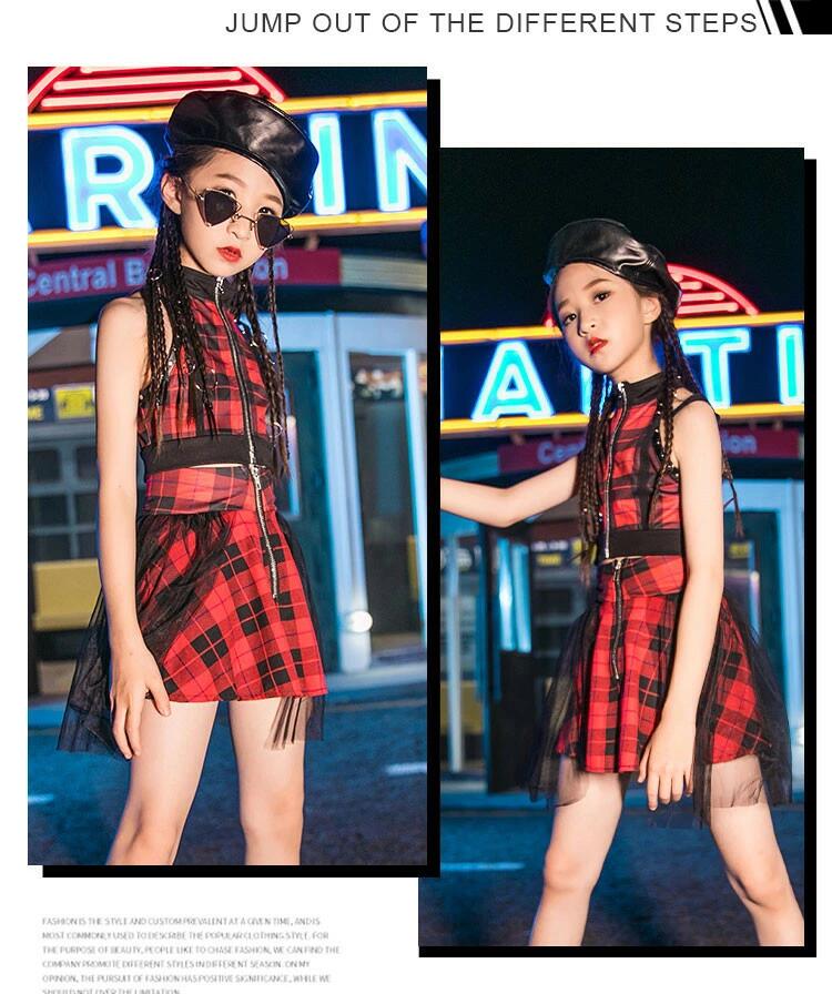 Grace Selectのガールズ ジャズ セットアップ チェック柄 ダンス衣装 ヒップホップ 女の子 レッド トップス 袖なし 肩出し 発表会 ダンス｜アングル2