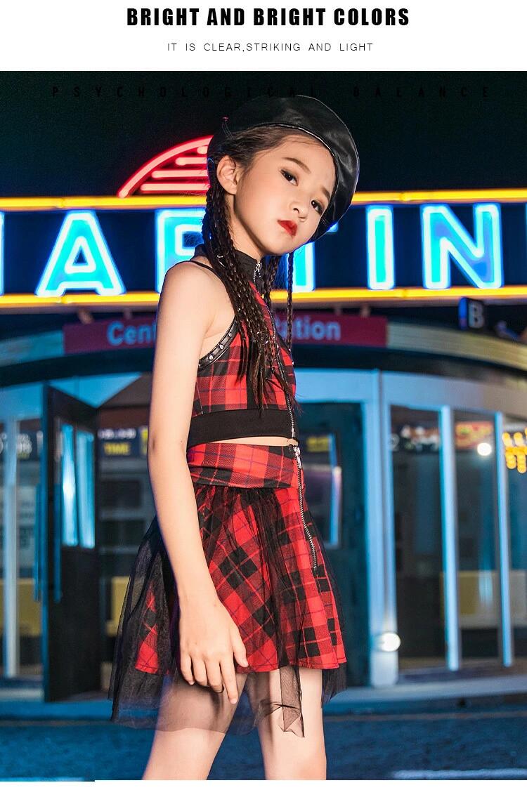 Grace Selectのガールズ ジャズ セットアップ チェック柄 ダンス衣装 ヒップホップ 女の子 レッド トップス 袖なし 肩出し 発表会 ダンス｜アングル3