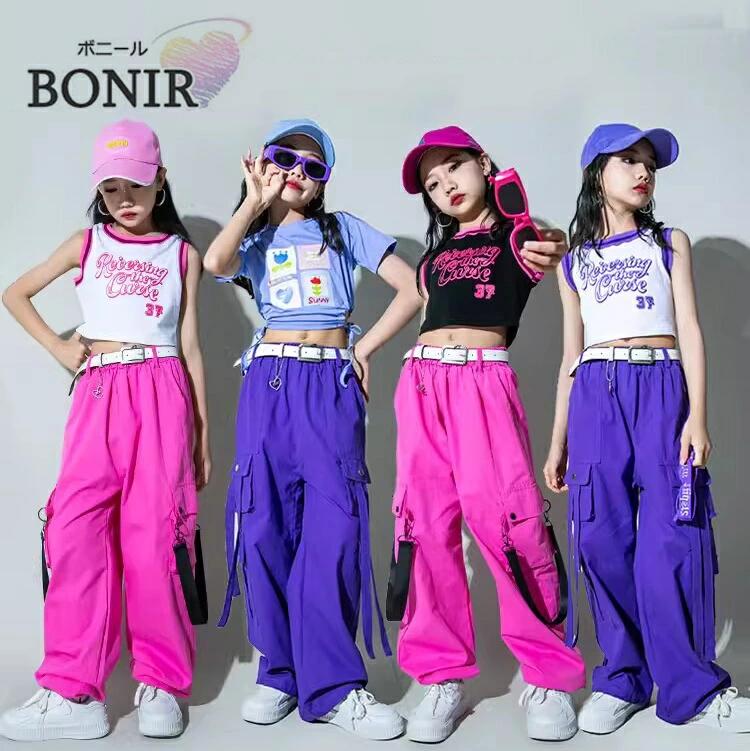 Rakuten - P5倍★ キッズ 子供服 ダンス衣装 セットアップ ヒップホップ ピンク パープル 上下セット カーゴパンツ タンクトップ へそ出し
