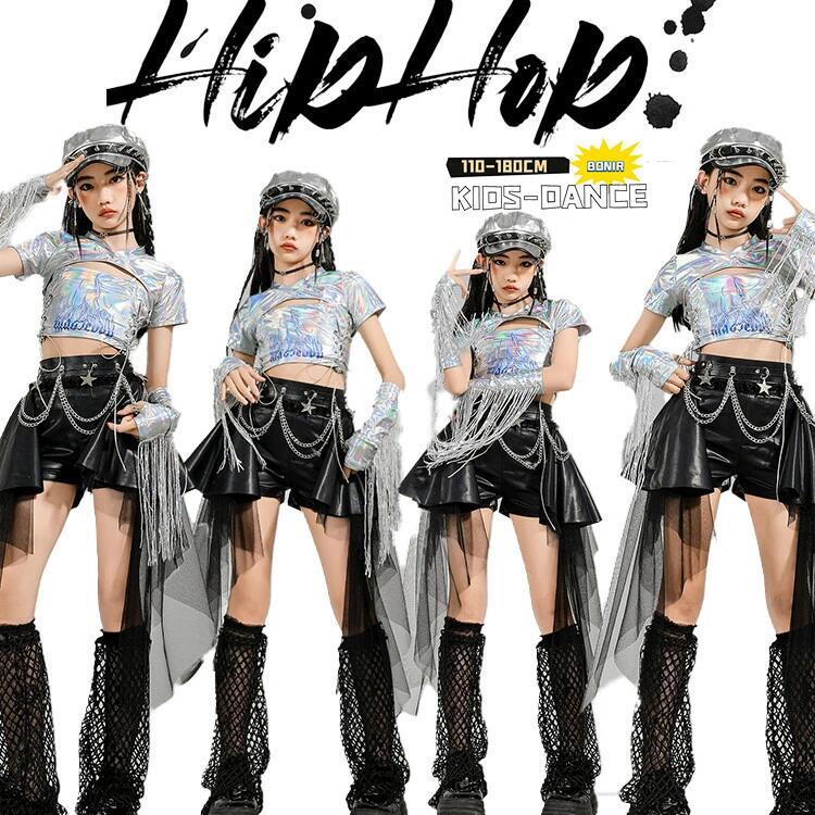 Rakuten - 女の子 ダンス衣装 K-POP風 オーロラカラー シルバー 半袖 スーパークロップドトップス キャミソール へそ出し フリンジ アーム