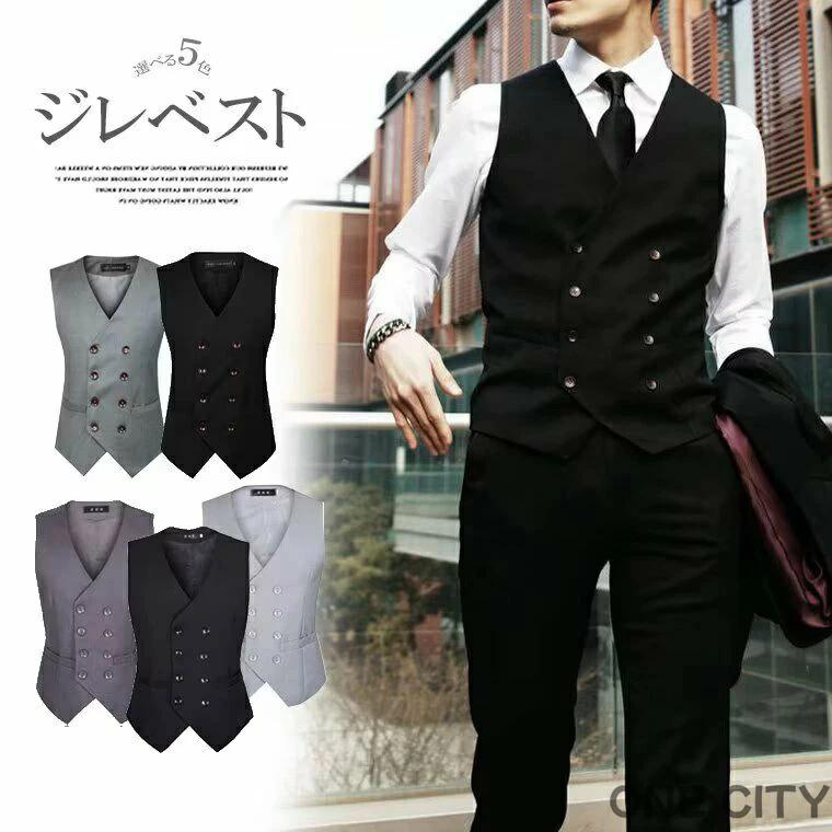 Vests - スッキリとしたシルエット！ダブルボタン ジレ メンズ ベスト スーツ地 チョッキベスト キレイ目 スリム ウエスト調整ベルト 細身 S-6XL 大きいサイズ