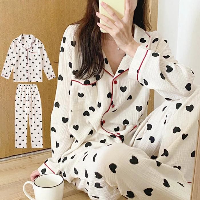パジャマ ルームウェア ハート 上下セット シャツ パンツ レディース 春 薄手 セットアップ トレンド 可愛い 韓国 ハート柄 ポケット バイカラー シンプル 襟付き パジャマ ルームウェア ハート 上下セット シャツ パンツ レディース 春 薄手 セットアップ トレンド 可愛い 韓国 ハート柄 ポケット バイカラー シンプル 襟付き 5