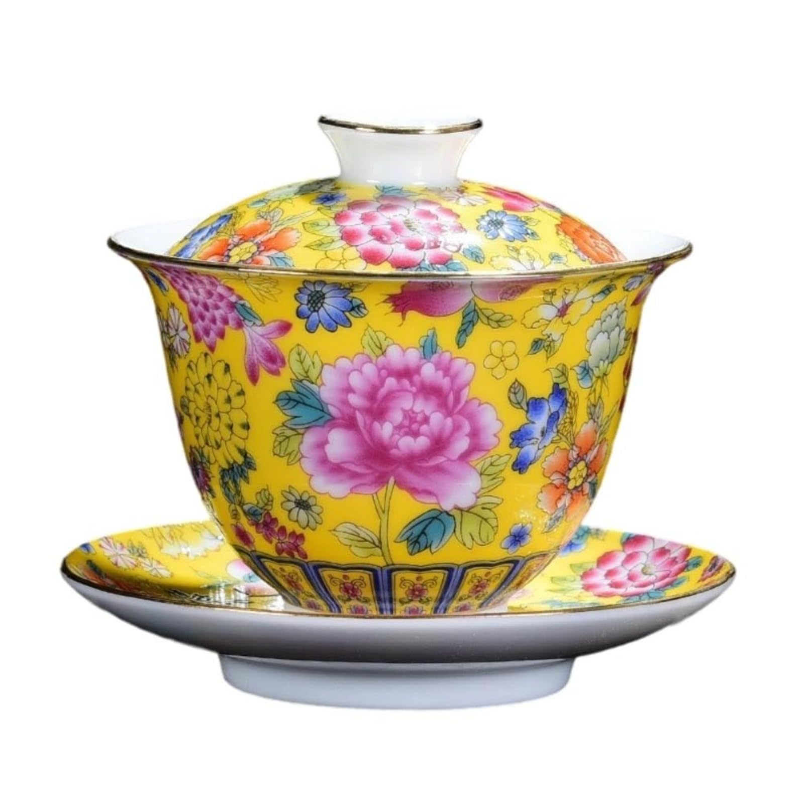 手描きの蓋付きボウル中国茶器茶碗宮殿スタイルのエナメル塗装蓋付き陶器3タレント大型蓋付き3タレント蓋付き磁器の蓋とソーサー付きオプションお茶を飲むのに最適ファッションギフト誕生日結婚式のお祝いギフト (イエロー)