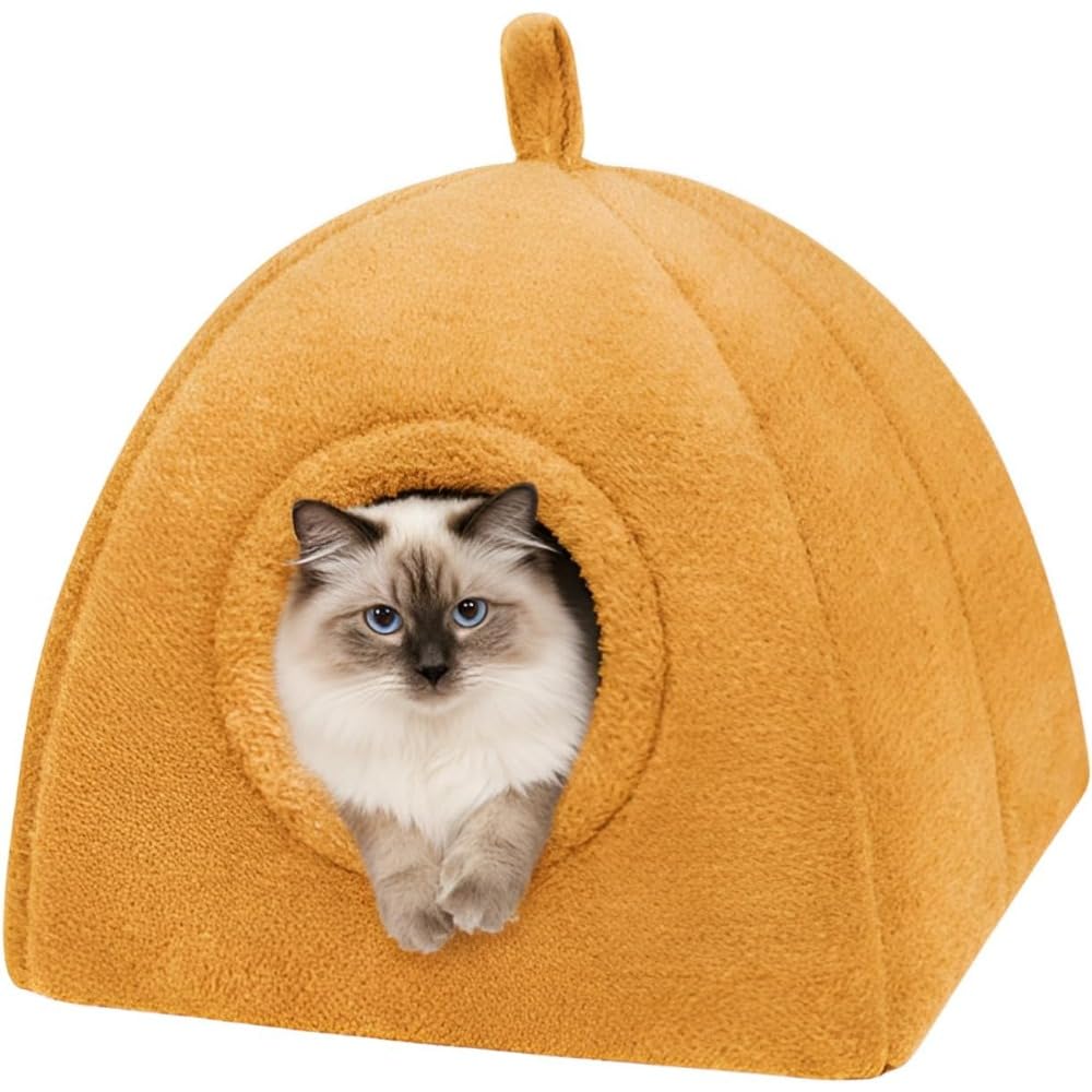 ペットベッド 猫 ベッド 冬 ハウス ドーム 室内 防風 保温 防寒 猫用暖かい 冬用 ふわふわ もこもこ 転倒防止構造 取り外し可能で水洗い対応 手軽に持ち上げ可能 ペット用品 ( オレンジ)
