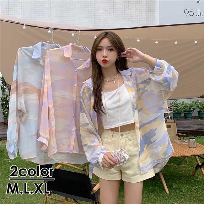 アロハシャツ レディース トップス 開襟シャツ 長袖 ゆったり リゾート 夏 レトロ シフォン コーディネートピンク ブルー 日焼け止め 普段使い 旅行 海 デート M/L/XL dd188c0c0jc