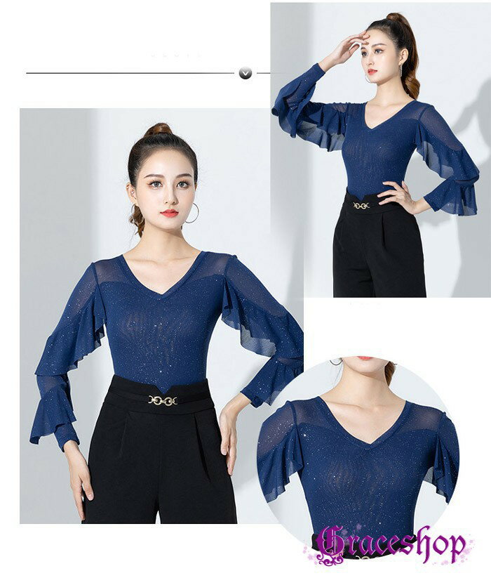 ダンス トップス レディース 社交ダンス 上着 Vネック ラメ シフォン フレアスリーブ 長袖 ダンス衣装 レッスン 練習着 ステージ 発表会 ラテン モダン ベリーダンス ジャズダンス M 2L 3L 4L 5L 大きいサイズ 黒 紫 青 dm707c0c0sa