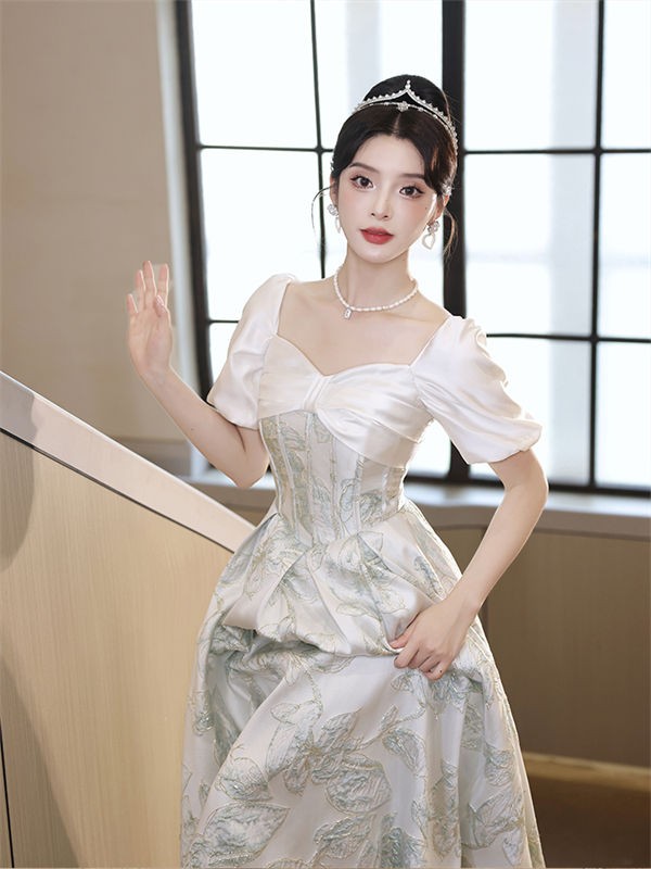 ドレス 大人 ピアノ発表会 演奏会 ロング丈 結婚式 パーティードレス ロングドレス 編み上げ お呼ばれ 袖あり 高級感 二次会 20代 30代 きれいめ 可愛い ライトグリーン 緑