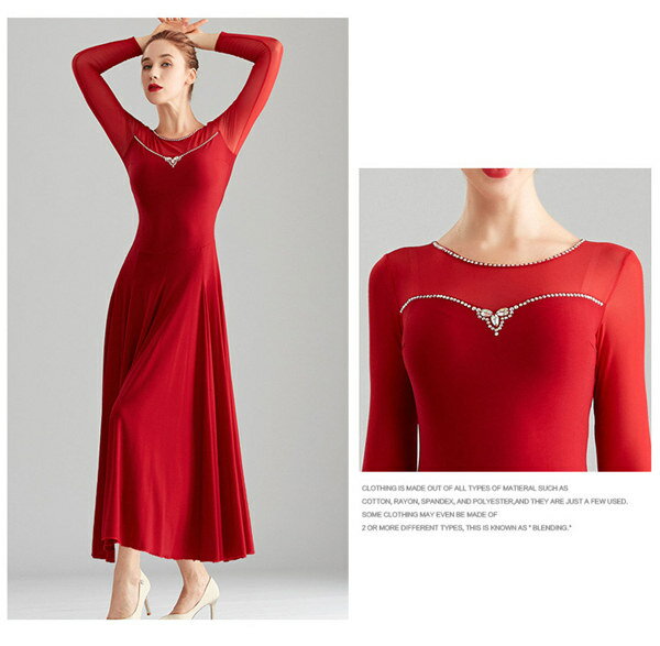 社交ダンス モダンドレス 長袖 ダンス発表会 大きい裾 ワンピースドレス 競技着 練習着 演出用 スタンダードドレス ワルツダンス コンクール ダンス衣装 デモ用 パーティー用 ダンスウエア ダンス発表会 団体 ブラック レッドS/M/L/XL/2XL/3XL