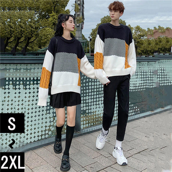 クルーネック ニット セーター メンズ ペアルック ニット レディース 可愛い 男女兼用 丸首 長袖 ペア カップル トップス カットソー 秋 秋服 秋物 冬 ...