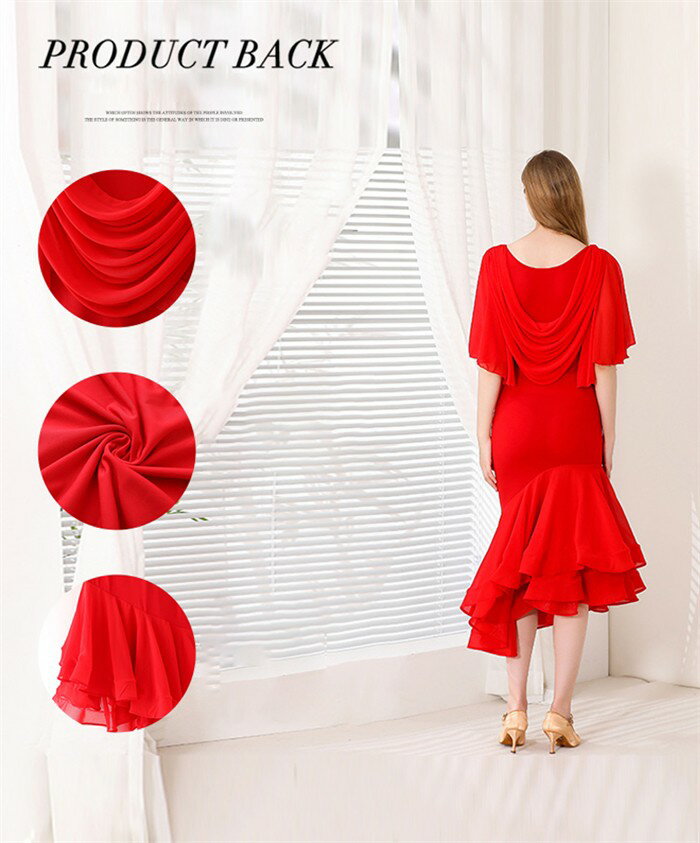 社交ダンス ドレス フリル ミモレ丈 モダンドレス 赤 レッド 社交ダンス衣装 モダン スタンダード ワルツ ラテン チャチャチャ ルンバ サンバ ワンピース 無地 ダンス衣装 ステージ衣装 パーティー 発表会 競技用 コンクール 練習着 レッスン 舞台用 演奏会