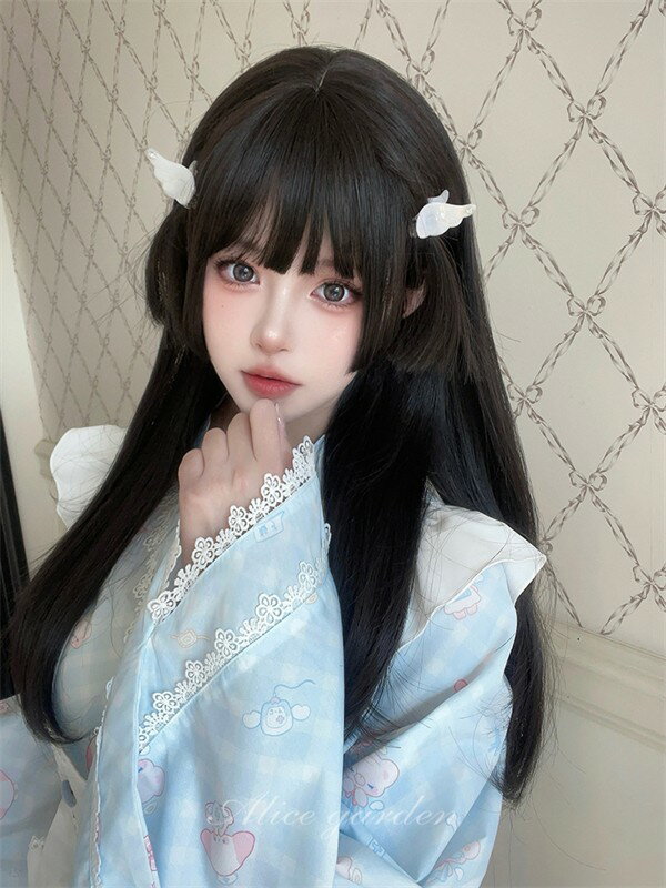 ウィッグ 姫カット レディース フルウィッグ ロング ストレート 黒髪 ブラック ぱっつん前髪 前髪あり 可愛い かわいい 大人用 コスプレ ロリータ ゴスロリ コスチューム 原宿風 仮装 超自然 かつら wig Lolita 小顔 文化祭 イベント 学園祭 ハロウィン